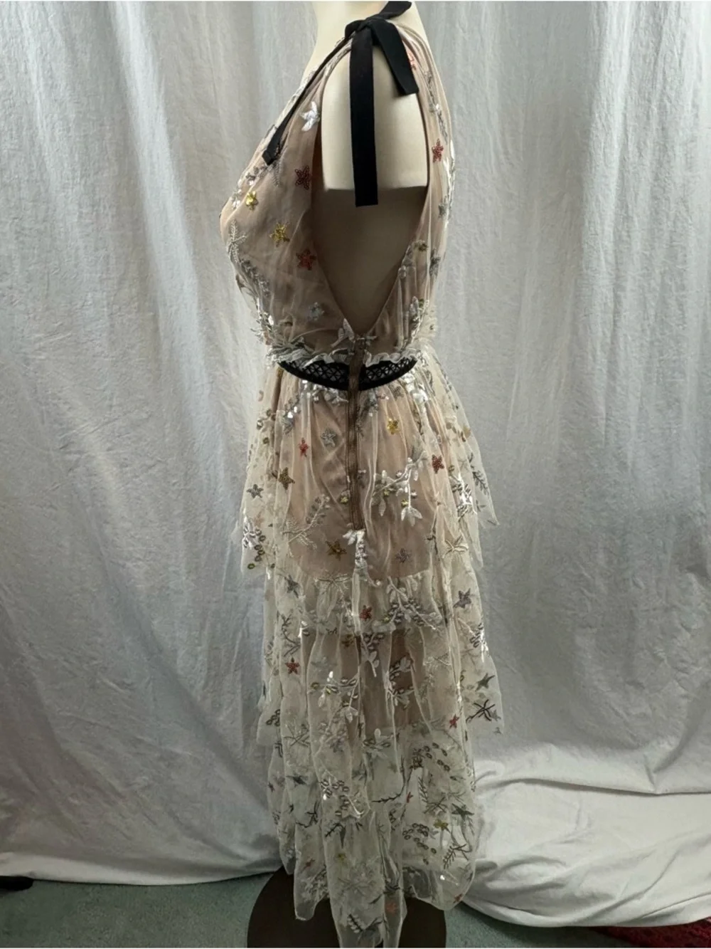 Sheer Star-Embellished Midi Dress in Nude with Black Trim 2 - Picture 8 of 16